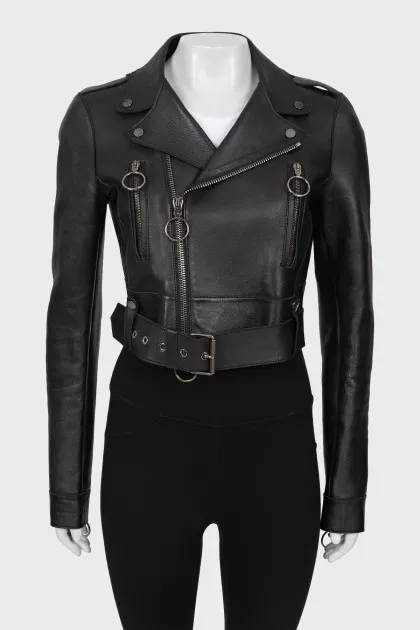 Cropped leather jacket with back print