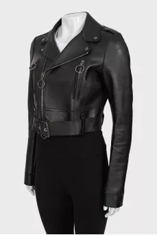 Cropped leather jacket with back print