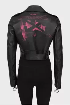 Cropped leather jacket with back print