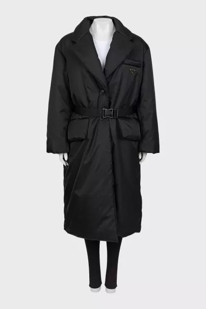 Black maxi down jacket with belt