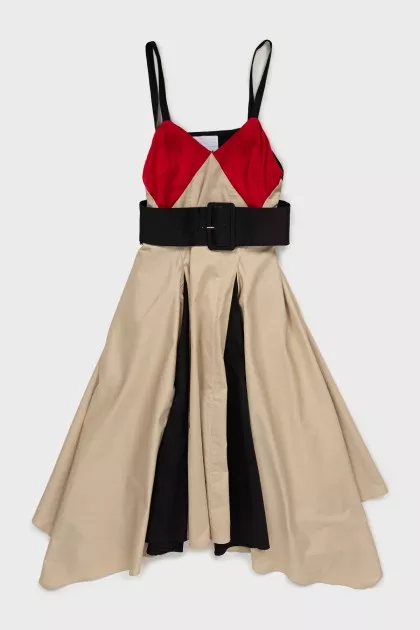 Combined color dress with belt