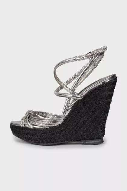 Silver woven wedge sandals