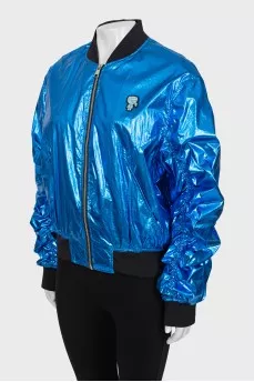 Blue bomber jacket with draped sleeves