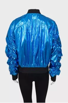 Blue bomber jacket with draped sleeves