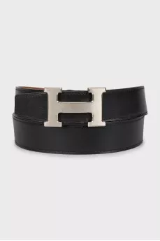 Black leather belt with silver hardware