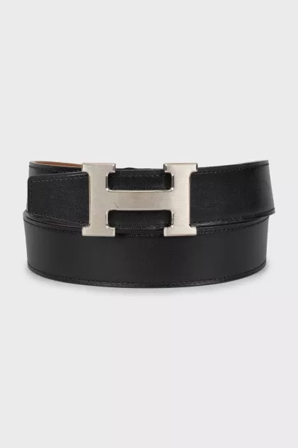 Black leather belt with silver hardware