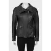 Leather jacket with oblique zipper