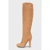 Beige suede over the knee boots