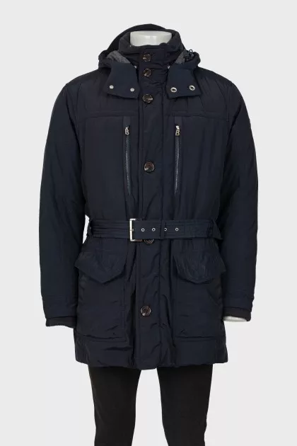 Men's dark blue down jacket with belt