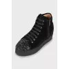 Suede boots with rhinestones on the toe