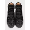 Suede boots with rhinestones on the toe
