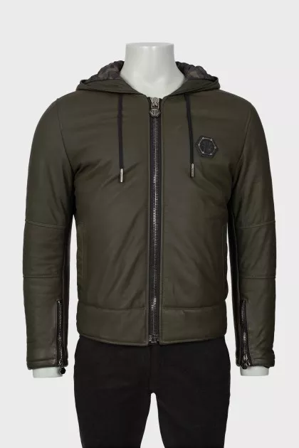 Men's leather jacket with embossed print