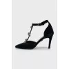 Velor shoes decorated with rhinestones