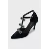 Velor shoes decorated with rhinestones