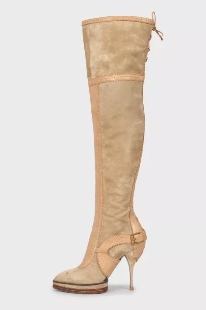 Suede over the knee boots with perforations