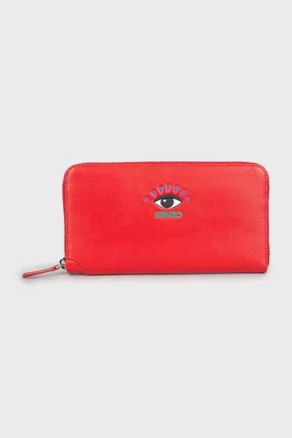 Red leather wallet with tag