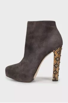 Suede ankle boots with embellished heel