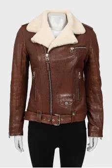 Leather sheepskin coat with oblique fastening