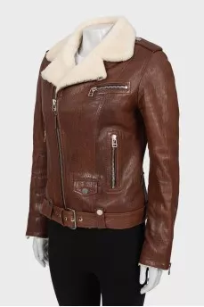 Leather sheepskin coat with oblique fastening