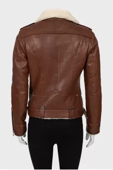 Leather sheepskin coat with oblique fastening