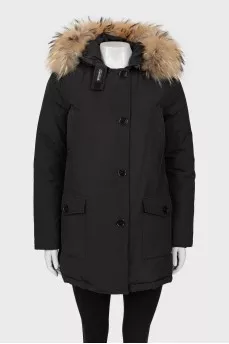 Black parka with fur hood