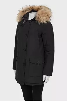 Black parka with fur hood