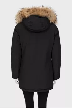 Black parka with fur hood