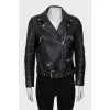 Leather jacket with oblique zipper