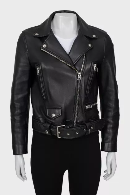 Leather jacket with oblique zipper