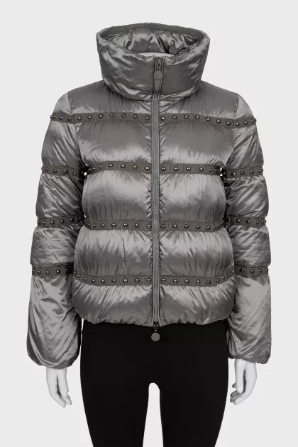 Cropped down jacket with metal rhinestones