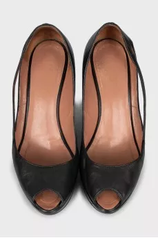 Leather high wedge shoes
