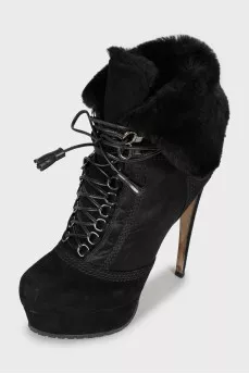 Suede black lace-up ankle boots