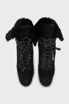 Suede black lace-up ankle boots