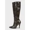 Embossed dark green leather boots