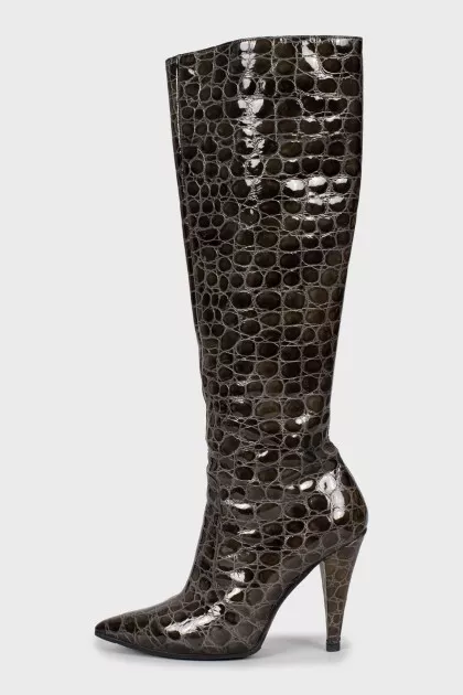 Embossed dark green leather boots