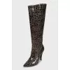Embossed dark green leather boots