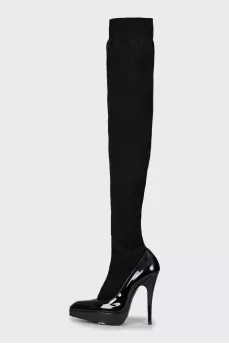 Black over the knee boots with textile upper