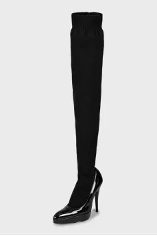 Black over the knee boots with textile upper