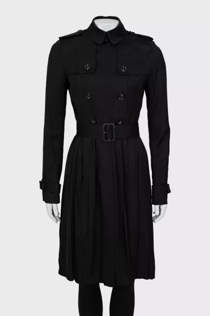 Black trench coat with pleated hem