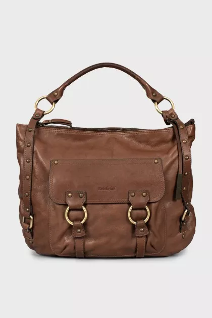 Leather satchel bag with tag