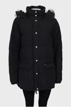 Black down jacket with fur on the hood