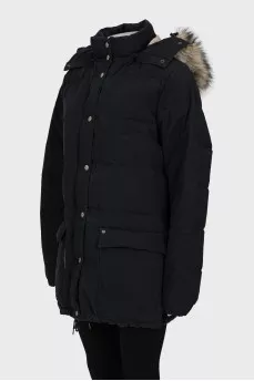 Black down jacket with fur on the hood