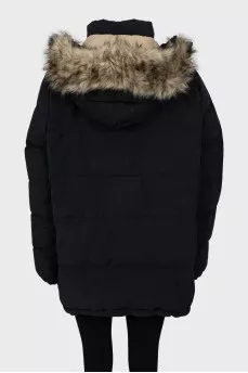 Black down jacket with fur on the hood