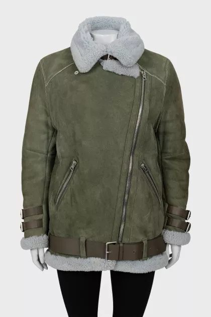 Long green sheepskin coat