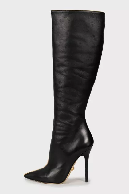 Black leather high heel boots