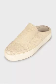 Beige suede clogs