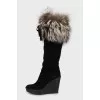Suede black wedge boots