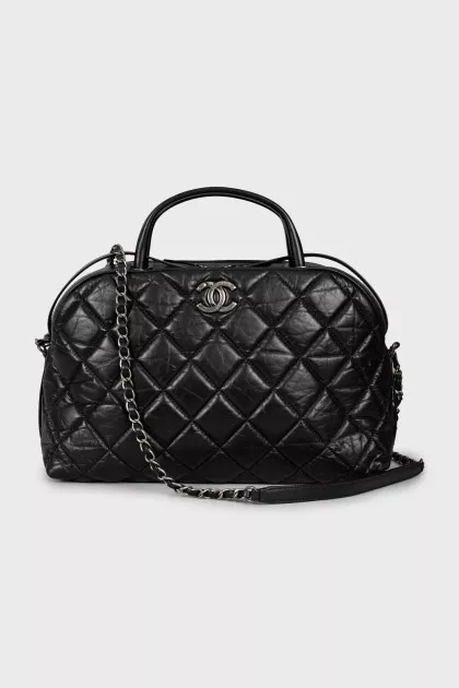 Black leather bag with brand logo