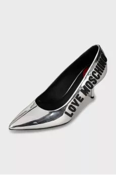 Silver shoes with brand logo