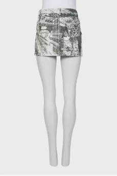 Printed denim mini skirt